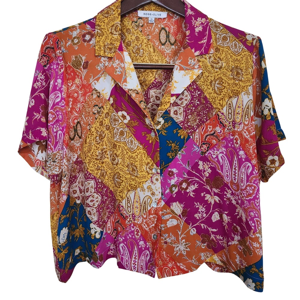 Rose+Olive Button Down Shirt Womens XL Multicolor Patchwork Paisley Chiffon Top